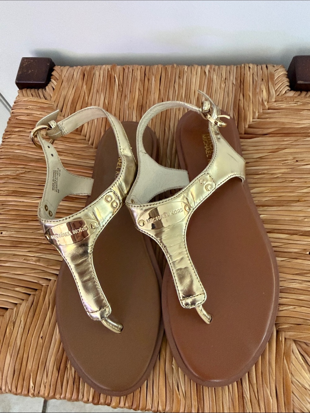 Michael Kors Metallic Gold T-Strap Sandals with Brown Footbed